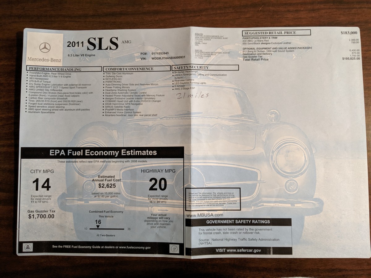 2011 Mercedes SLS AMG - window sticker